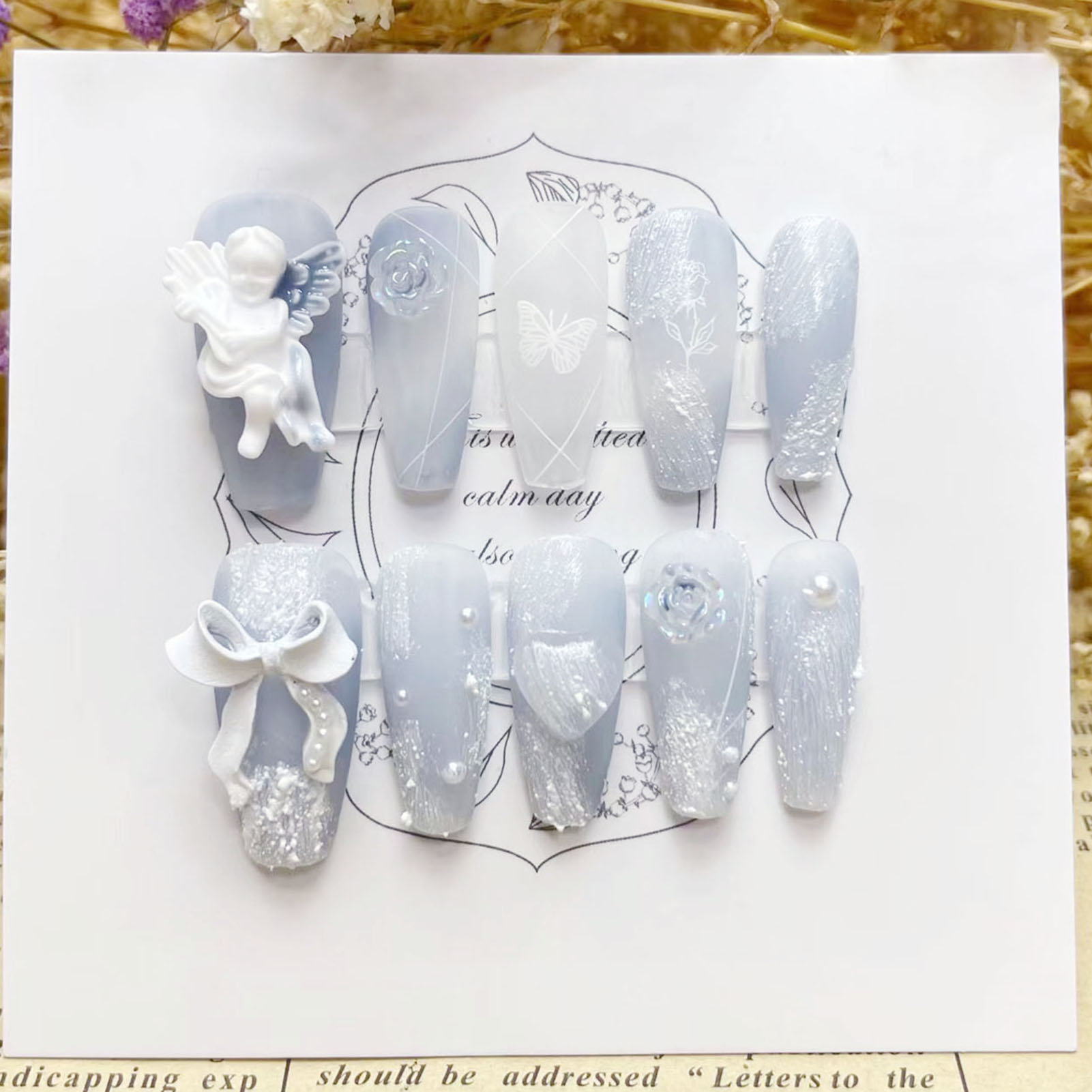 Pressed Flower Art - 3D Gips Angel Kunstnagels Glanzend Haze