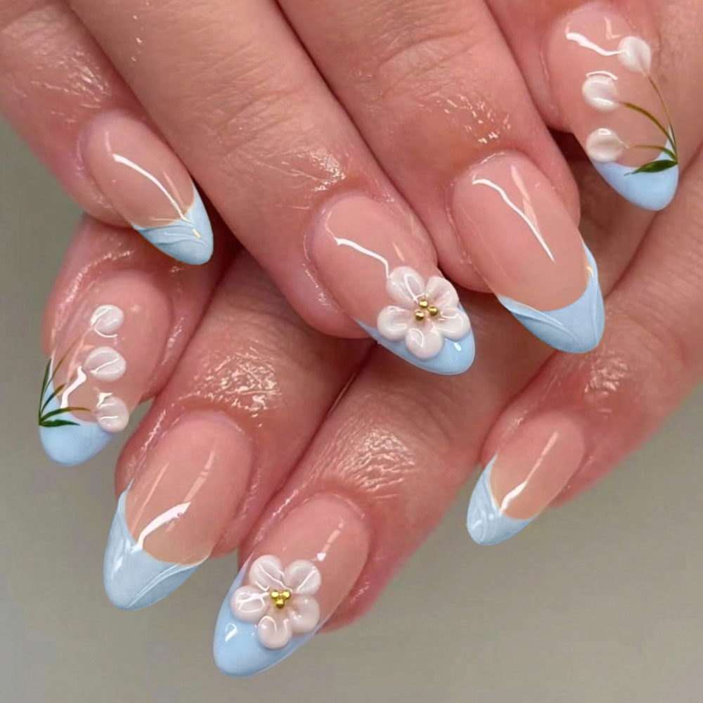 Pressed Flower Art - 30 stuks korte amandelvormige nagelstickers, 3D